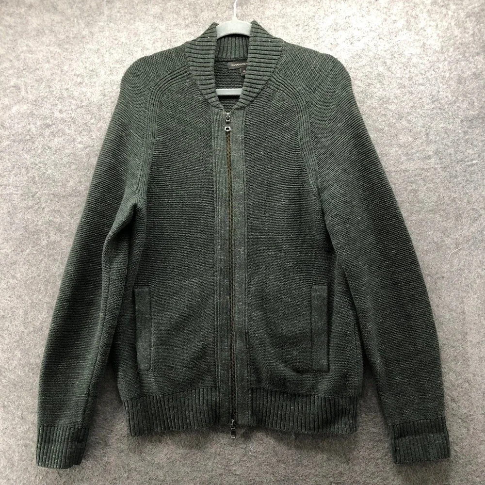 Banana Republic Full Zip Cardigan Sweater Mens M Forest Green Heavyweight